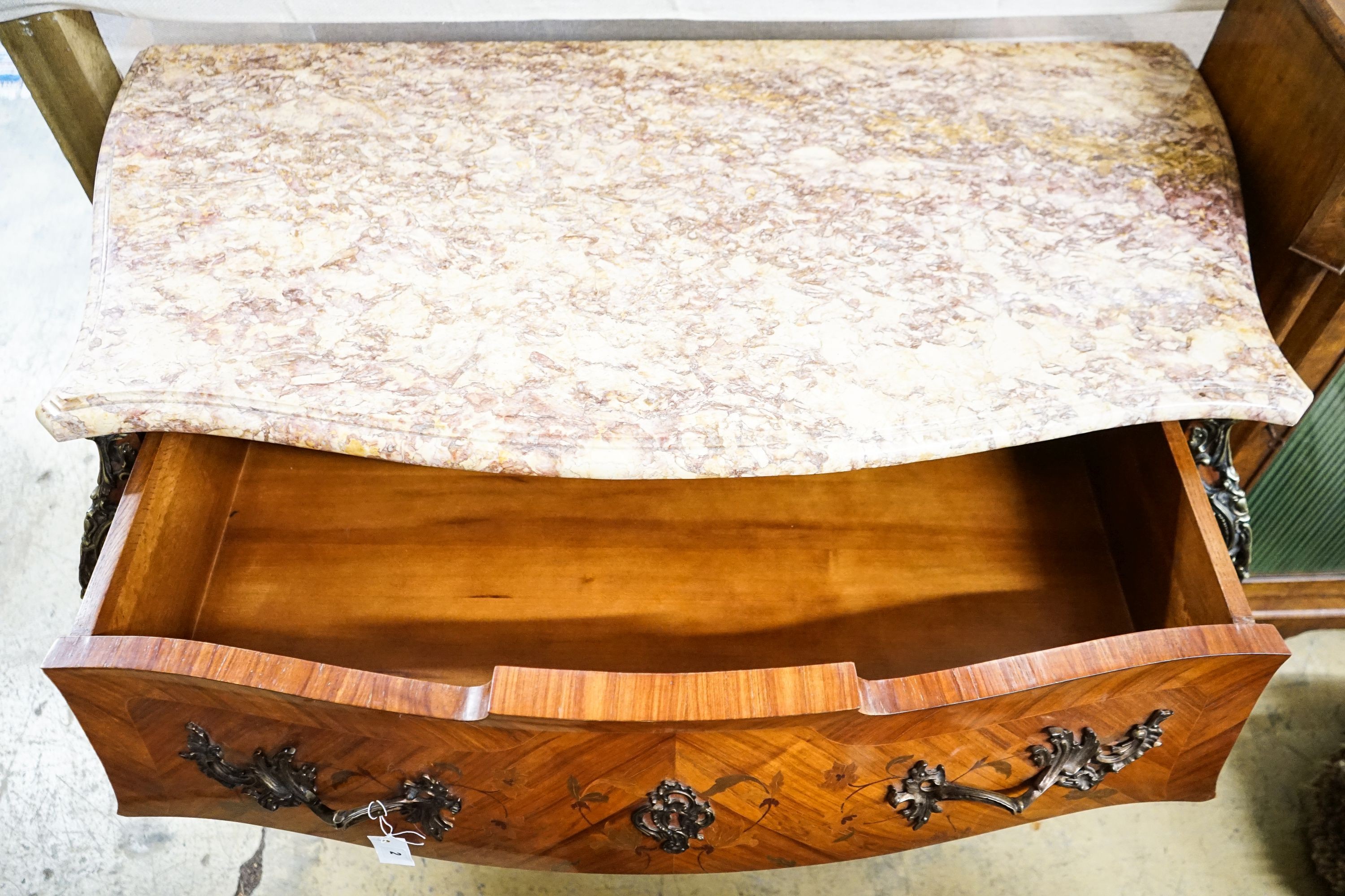 A Louis XV Design marquetry inlaid Kingwood marble top bombe commode, width 120m, depth 64cm, height 84cm